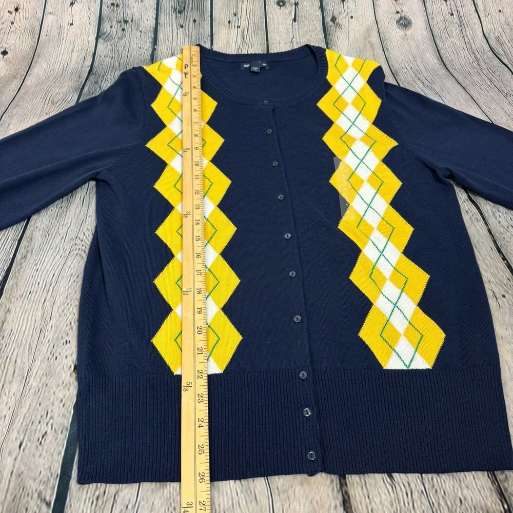 Gap NWOT Navy Button Down Caridigan Yellow Green Argyle Diamond Y2K Preppy Sz XL - Picture 7 of 12